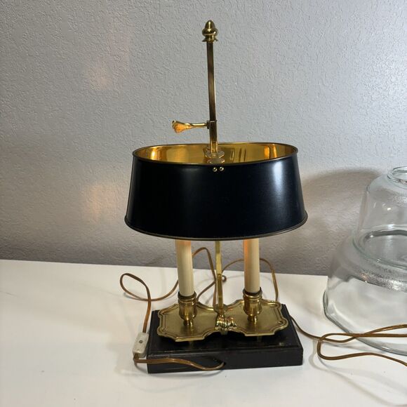 Black Shade Bouillette Lamp 2 Candlestick Lights Gold Brass Tone - Picture 9 of 16